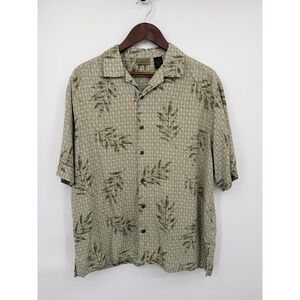 AXIST Silk Button Down Men Large‎ Green Tropical Leaf Camp Shirt Short Sleeve